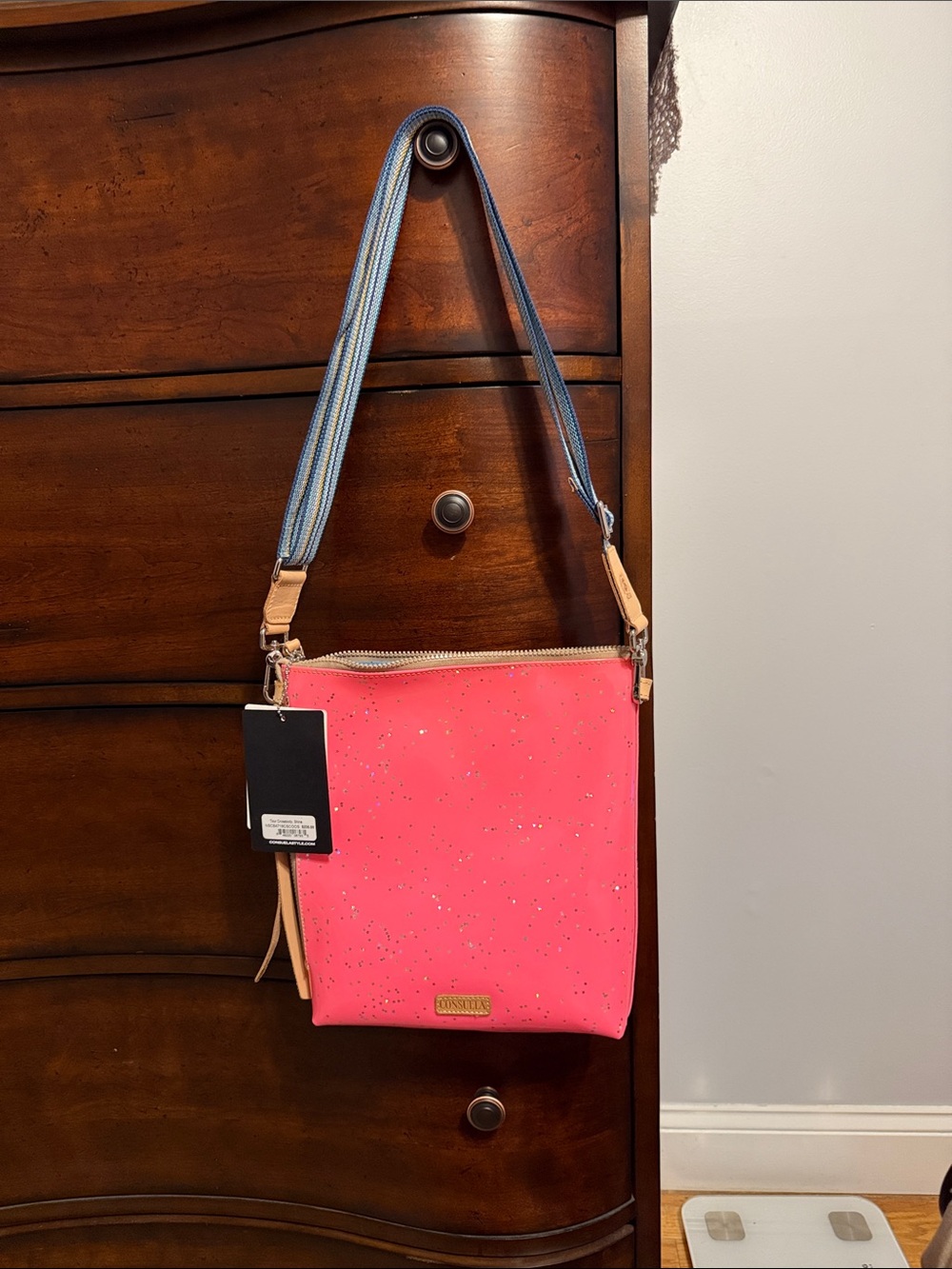 Consuela Bright Pink Tour Crossbody Bag with Blue Strap